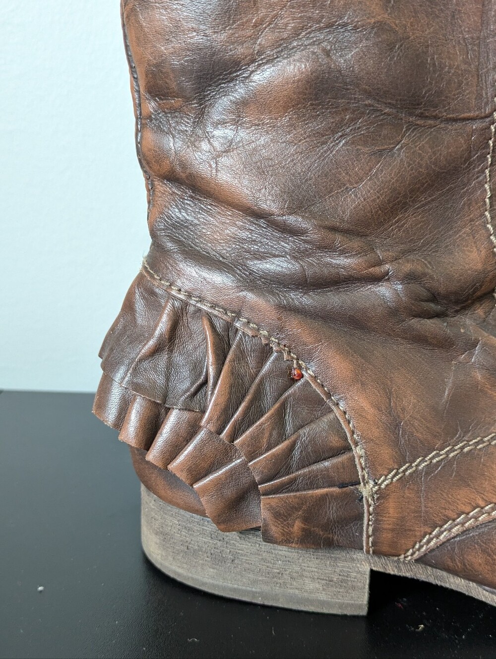 Betsey Johnson Vintage Distressed Brown Leather Combat Boots with Fringe Heel - Picture 4 of 10